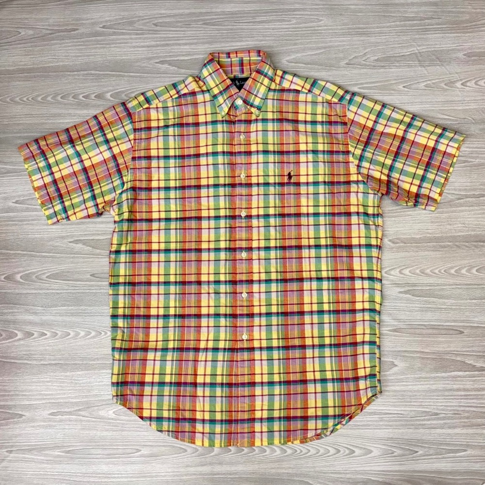 Polo Ralph Lauren Blake Mens M Yellow Red Plaid Short Sleeve Button Down Shirt